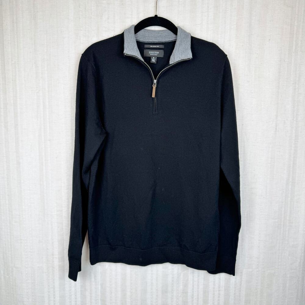 Nordstrom Black Merino Wool 1/4 Zip Knit Pullover Sweater Mens Size M